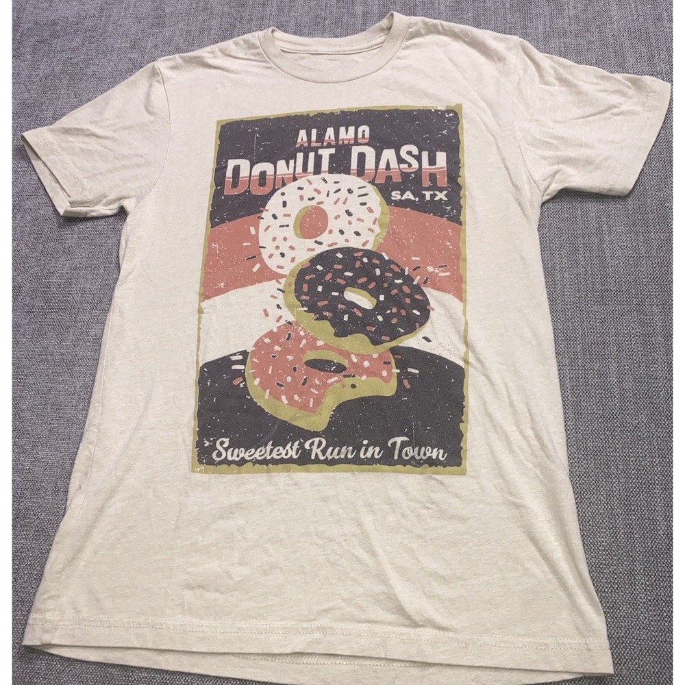 Alamo Donut Dash T-Shirt Beige Graphic Print Crew Neck Short Sleeve Size S